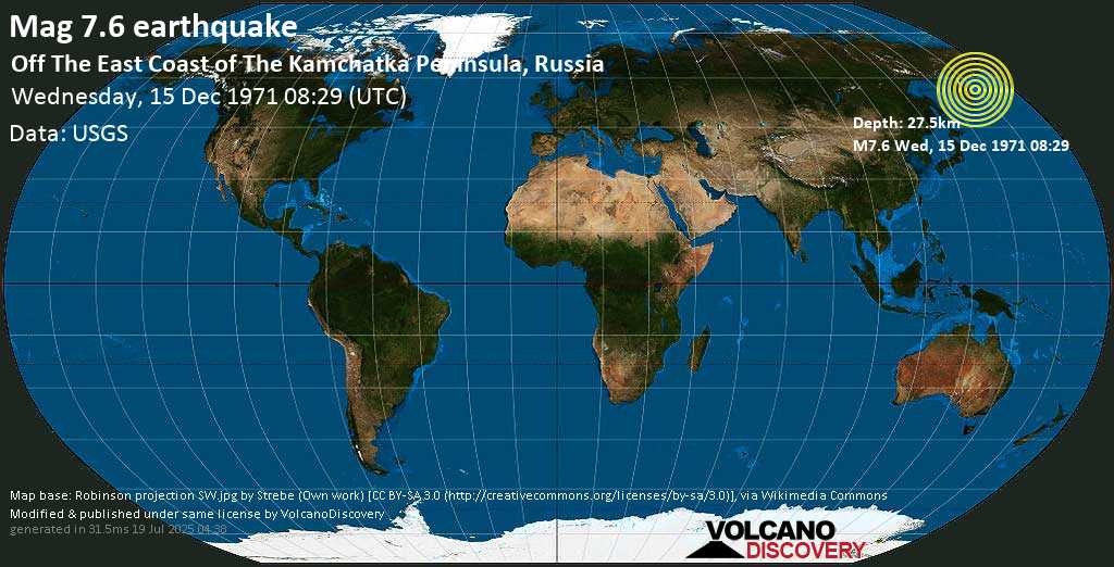 Major mag. 7.6 earthquake - Off the East Coast of the Kamchatka Peninsula, Russia on Wednesday, 15 December 1971