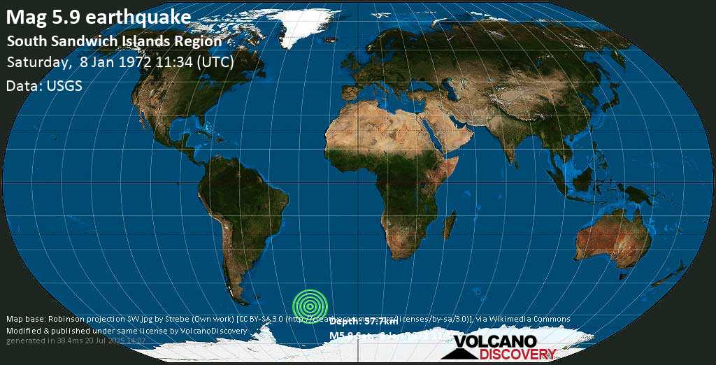 Strong mag. 6.0 earthquake - South Sandwich Islands Region on Saturday, 8 January 1972 at 11:34 (GMT)