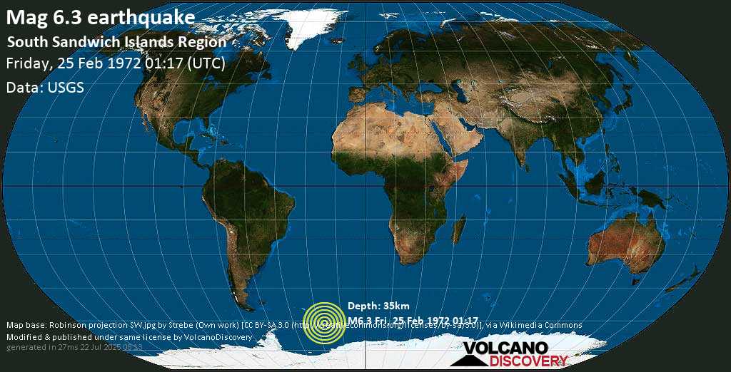 Strong mag. 6.3 earthquake - South Sandwich Islands Region on Friday, 25 February 1972 at 01:17 (GMT)