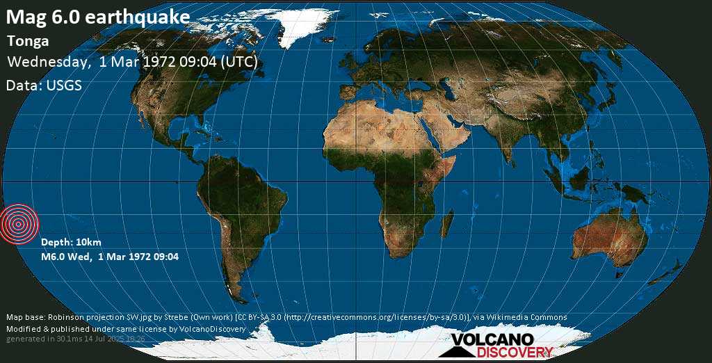 Strong mag. 6.0 earthquake - Tonga on Wednesday, 1 March 1972 at 09:04 (GMT)