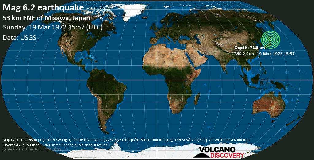 Strong mag. 6.2 earthquake - Near the East Coast of Honshu, Japan, on Sunday, 19 March 1972 at 15:57 (GMT)