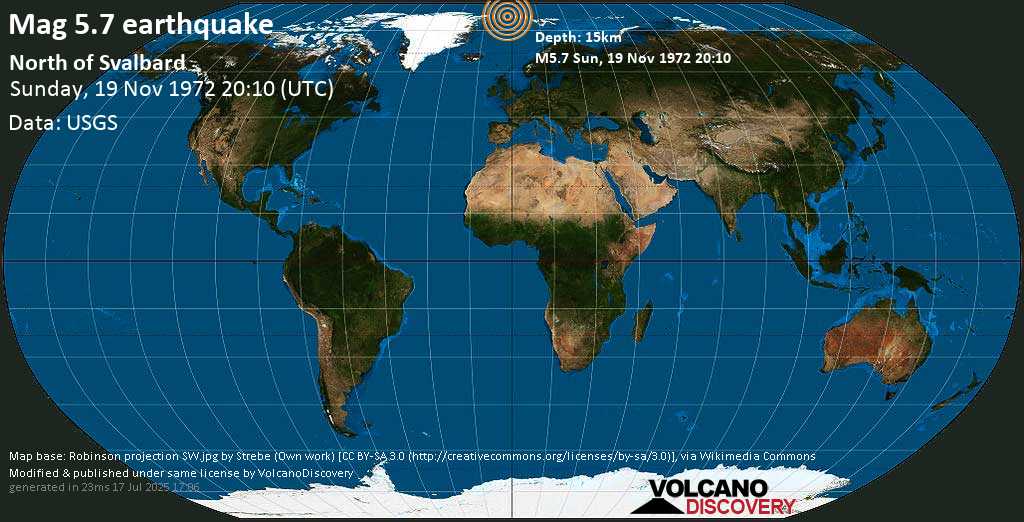 Strong mag. 5.7 earthquake - North of Svalbard (Greenland) on Sunday, November 19, 1972 at 20:10 (GMT)
