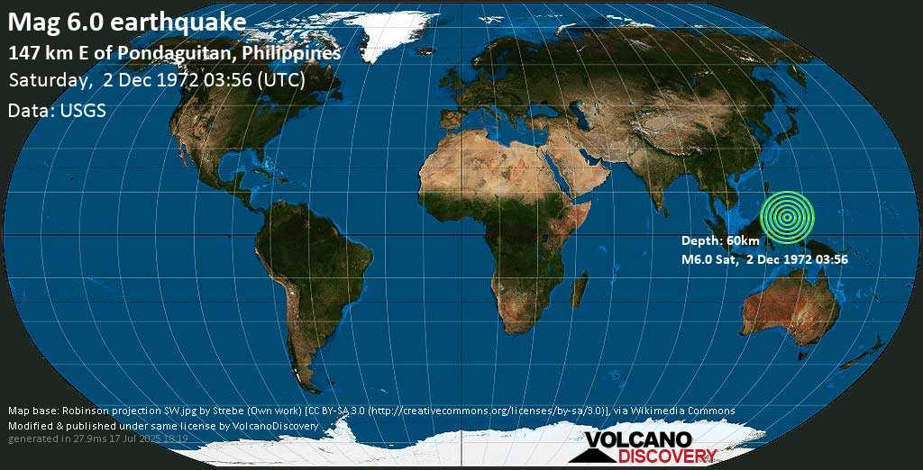 Strong mag. 6.0 earthquake - 167 km southeast of Mati, Province of Davao Oriental, Philippines, on Saturday, December 2, 1972 at 03:56 GMT