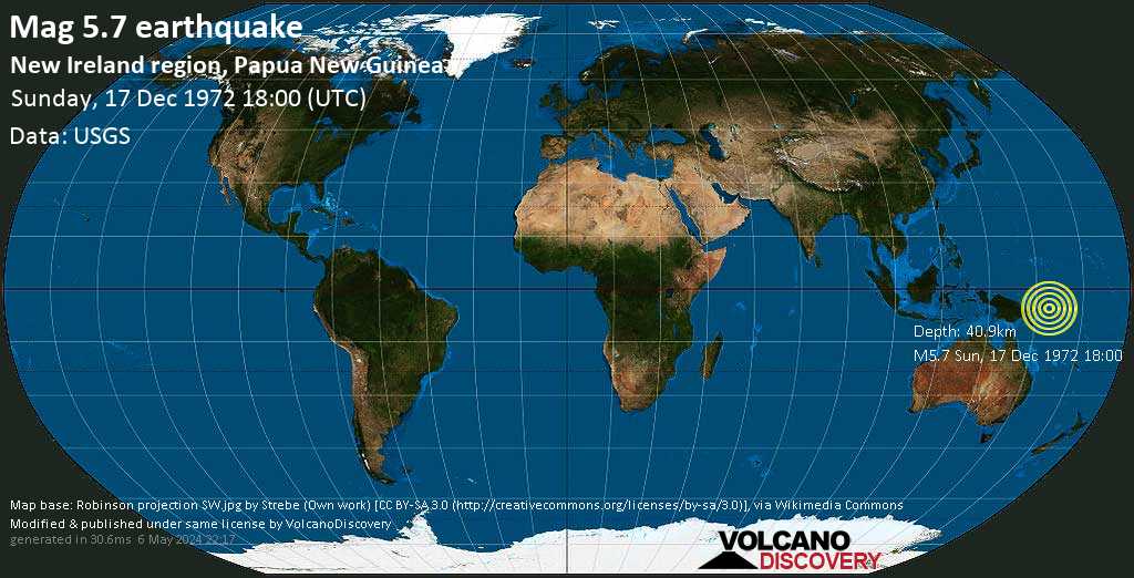 Strong mag. 5.7 earthquake - 176 km southeast of Kokopo, East New Britain Province, Papua New Guinea, on Sunday, December 17, 1972 at 18:00 GMT