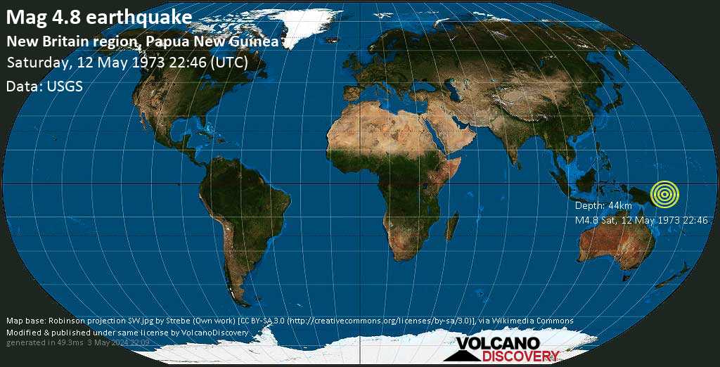 Moderate mag. 4.8 earthquake - 33 km west of Lamassa Island, New Ireland, Papua New Guinea, on Saturday, May 12, 1973 at 22:46 GMT