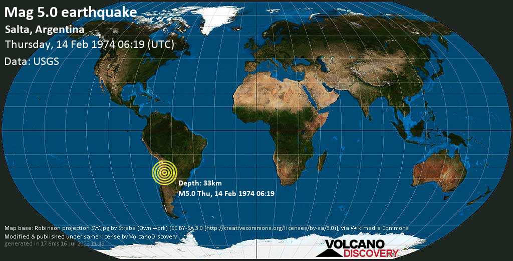Moderate mag. 5.0 earthquake - Departamento de Santa Maria, Catamarca, 51 km west of Cafayate, Salta, Argentina, on Thursday, 14 February 1974 at 06:19 (GMT)