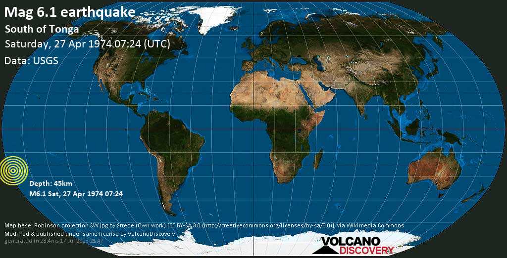 Strong mag. 6.1 earthquake - South of Tonga on Saturday, 27 April 1974 at 07:24 (GMT)