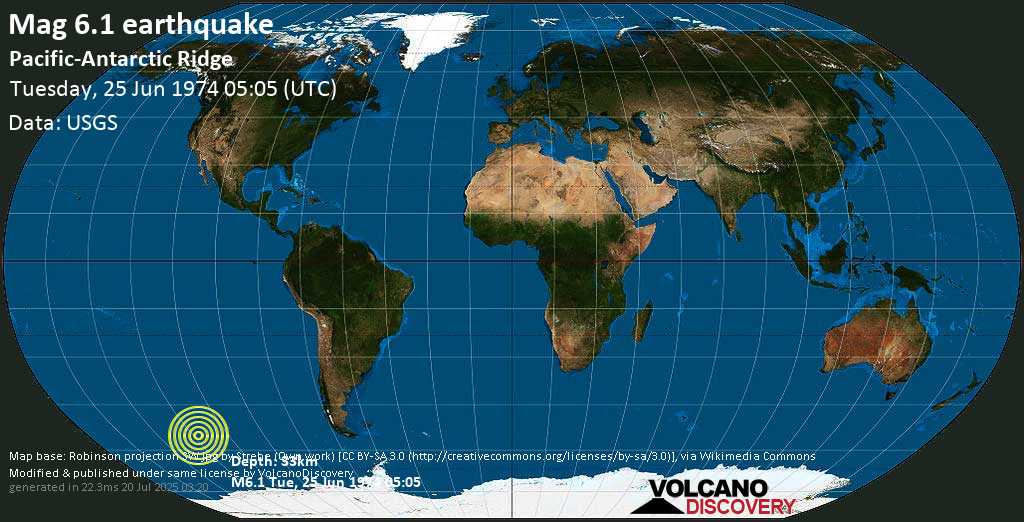 Strong mag. 6.1 earthquake - Pacific-Antarctic Ridge on Tuesday, 25 June 1974