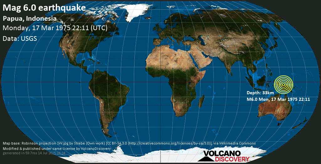 Strong mag. 6.0 earthquake - 277 km west of Jayapura, Papua, Indonesia, on Monday, 17 March 1975 at 22:11 (GMT)