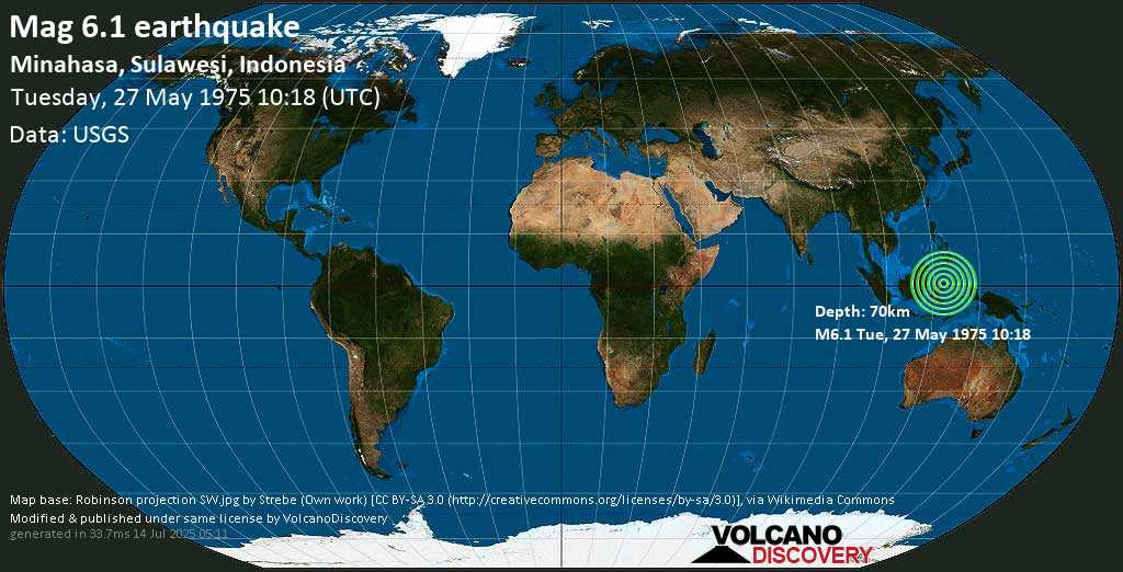 Strong mag. 6.1 earthquake - Minahasa, Sulawesi, Indonesia, on Tuesday, 27 May 1975 at 10:18 (GMT)