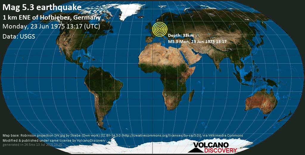Moderate mag. 5.3 earthquake - Germany on Monday, 23 June 1975