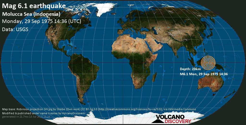 Strong mag. 6.1 earthquake - Molucca Sea (Indonesia) on Monday, 29 September 1975 at 14:36 (GMT)