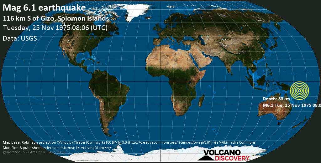 Strong mag. 6.1 earthquake - Solomon Islands on Tuesday, 25 November 1975