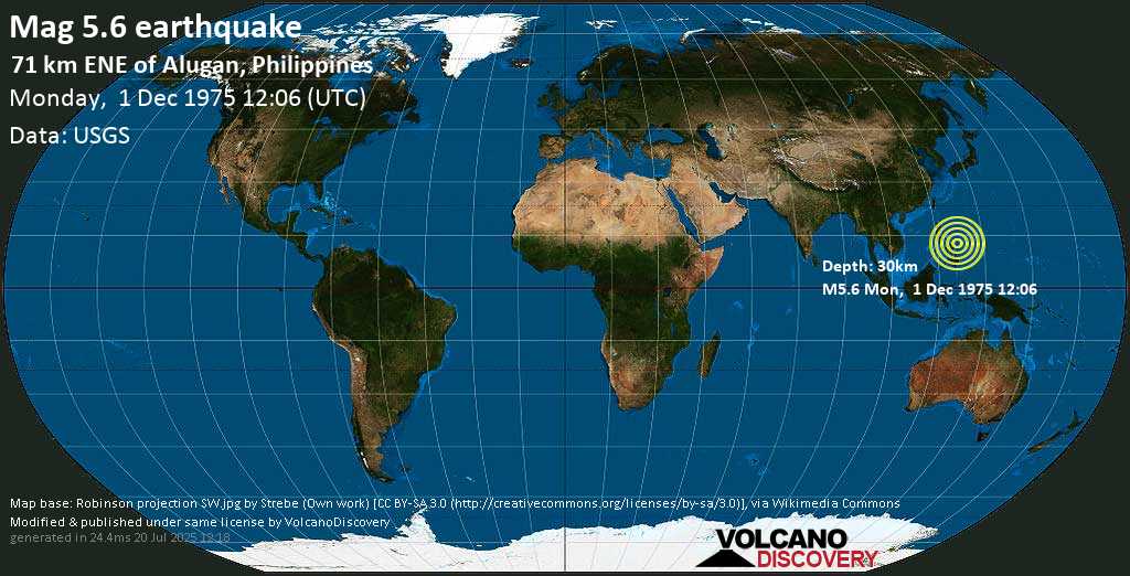 Moderate mag. 5.6 earthquake - Philippine Islands Region (Philippines) on Monday, 1 December 1975 at 12:06 (GMT)