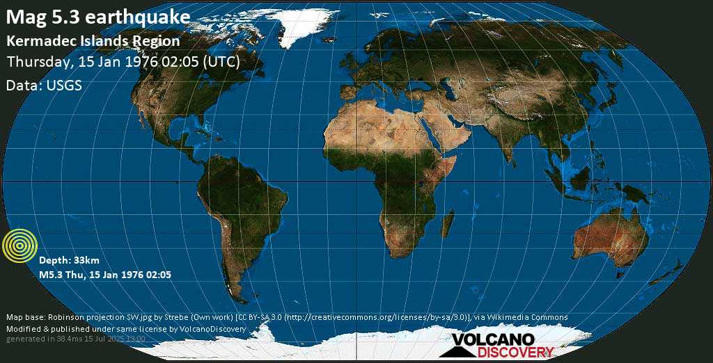 Moderato terremoto magnitudine 5.3 - Kermadec Islands Region (New Zealand), giovedì, 15 gennaio 1976