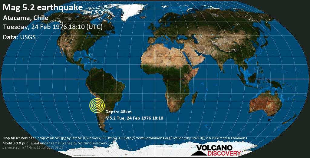 Moderate mag. 5.2 earthquake - Atacama, Chile, on Tuesday, 24 February 1976 at 18:10 (GMT)