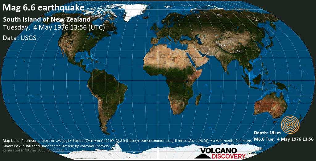 Strong mag. 6.6 earthquake - South Island of New Zealand on Tuesday, 4 May 1976 at 13:56 (GMT)