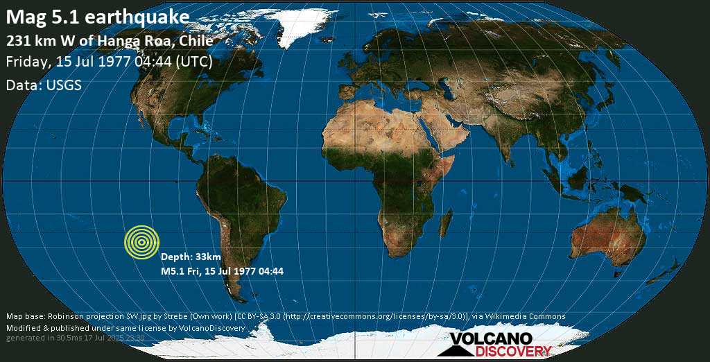 Moderate mag. 5.1 earthquake - Easter Island Region (Chile) on Friday, 15 July 1977 at 04:44 (GMT)