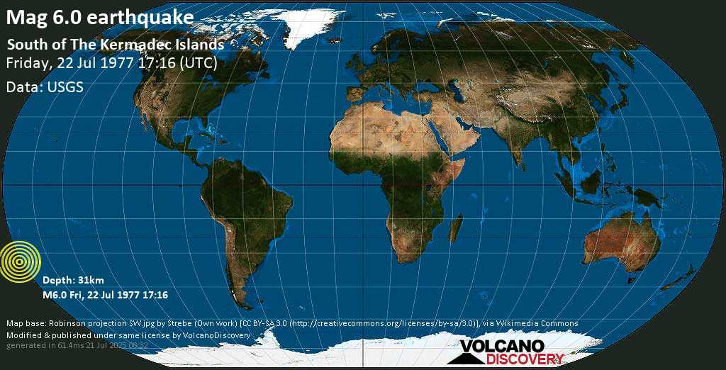 Strong mag. 6.0 earthquake - South of the Kermadec Islands (New Zealand) on Friday, 22 July 1977