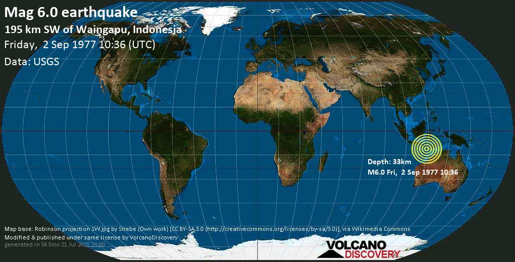 Strong mag. 6.0 earthquake - South of Sumba, Indonesia on Friday, 2 September 1977