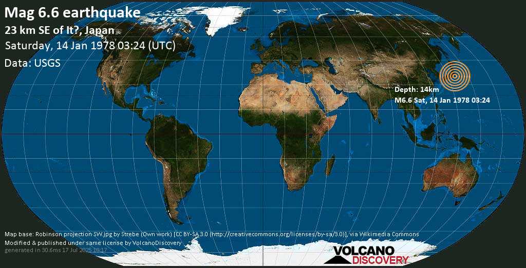 Strong mag. 6.6 earthquake - Near the South Coast of Honshu, Japan on Saturday, 14 January 1978
