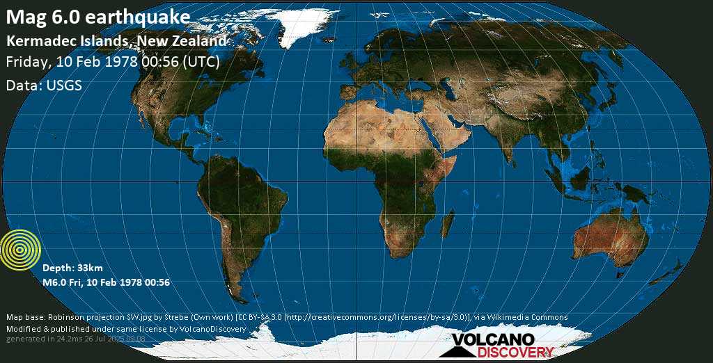 Strong mag. 6.0 earthquake - Kermadec Islands, New Zealand, on Friday, 10 February 1978 at 00:56 (GMT)