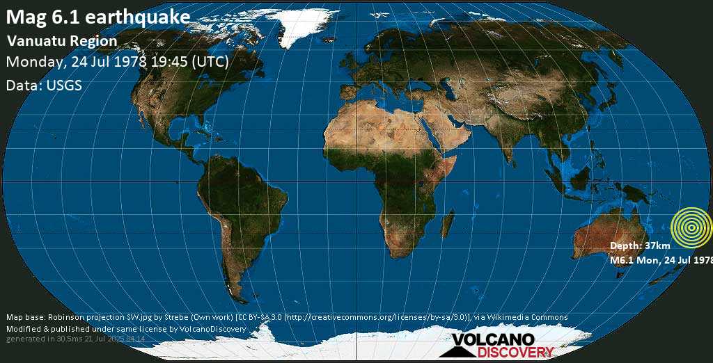 Strong mag. 6.1 earthquake - Vanuatu Region (New Caledonia) on Monday, 24 July 1978