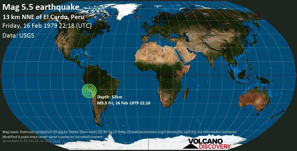 Moderate mag. 5.5 earthquake - Near the Coast of Southern Peru on Friday, 16 February 1979 at 22:18 (GMT)