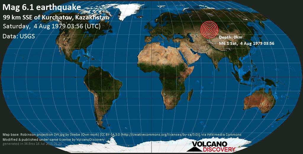 Very strong mag. 6.1 earthquake - 110 km southwest of Semey, East Kazakhstan, on Saturday, 4 August 1979 at 03:56 (GMT)