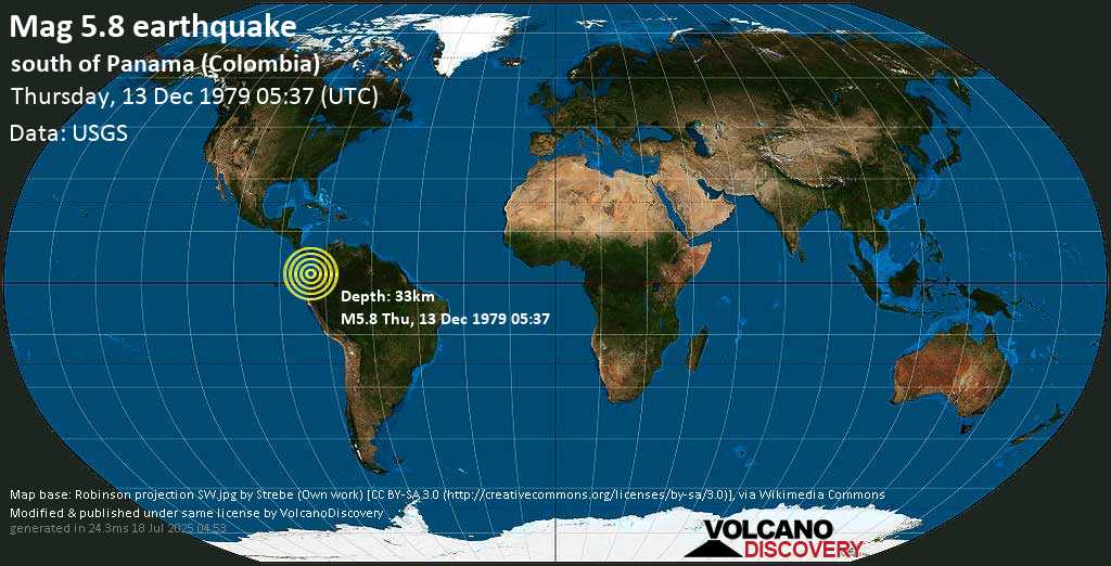 Strong mag. 5.8 earthquake - North Pacific Ocean, 103 km northwest of Tumaco, Narino, Colombia, on Thursday, 13 December 1979 at 05:37 (GMT)