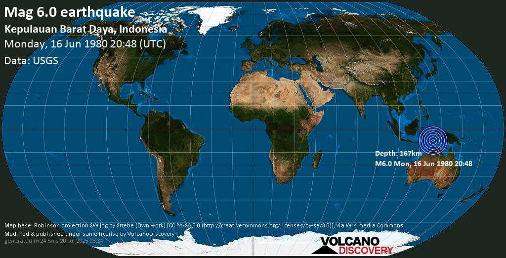 Strong mag. 6.0 earthquake - Banda Sea, Indonesia, on Monday, June 16, 1980 at 20:48 (GMT)