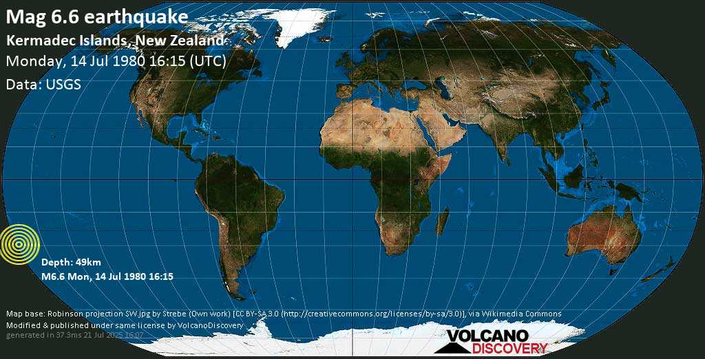 Forte terremoto magnitudine 6.6 - Kermadec Islands, New Zealand, lunedì, 14 luglio 1980