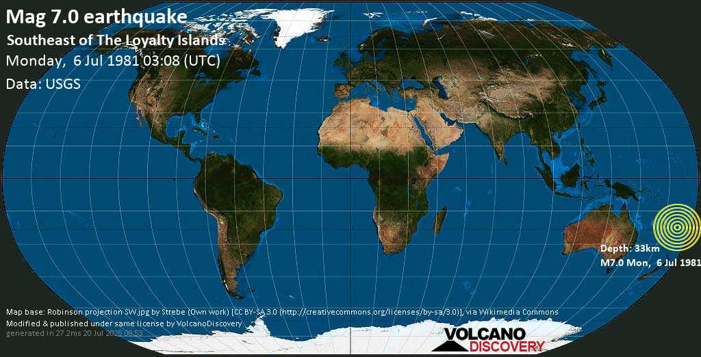 Major mag. 7.0 earthquake - Southeast of the Loyalty Islands (New Caledonia) on Monday, 6 July 1981