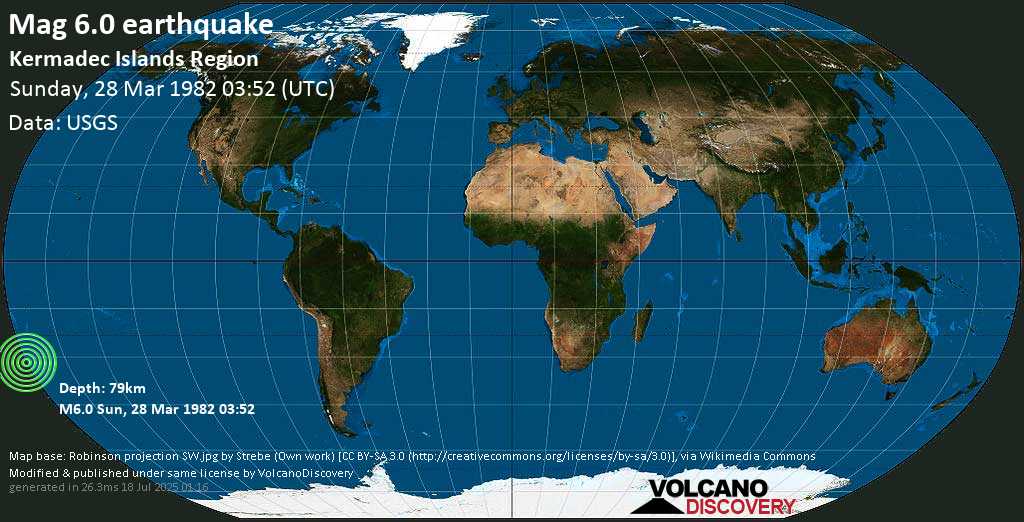 Strong mag. 6.0 earthquake - South Pacific Ocean, New Zealand, on Sunday, March 28, 1982 at 03:52 (GMT)