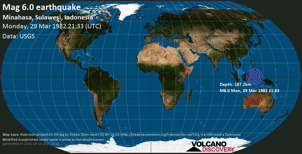 Strong mag. 6.0 earthquake - Minahasa, Sulawesi, Indonesia, on Monday, 29 March 1982 at 21:33 (GMT)