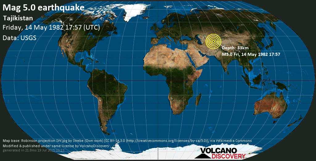 Moderate mag. 5.0 earthquake - Tajikistan on Friday, 14 May 1982 at 17:57 (GMT)