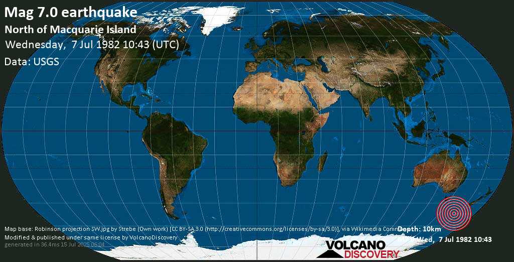 Molto forte terremoto magnitudine 7.0 - North of Macquarie Island (Australia), mercoledì, 07 luglio 1982
