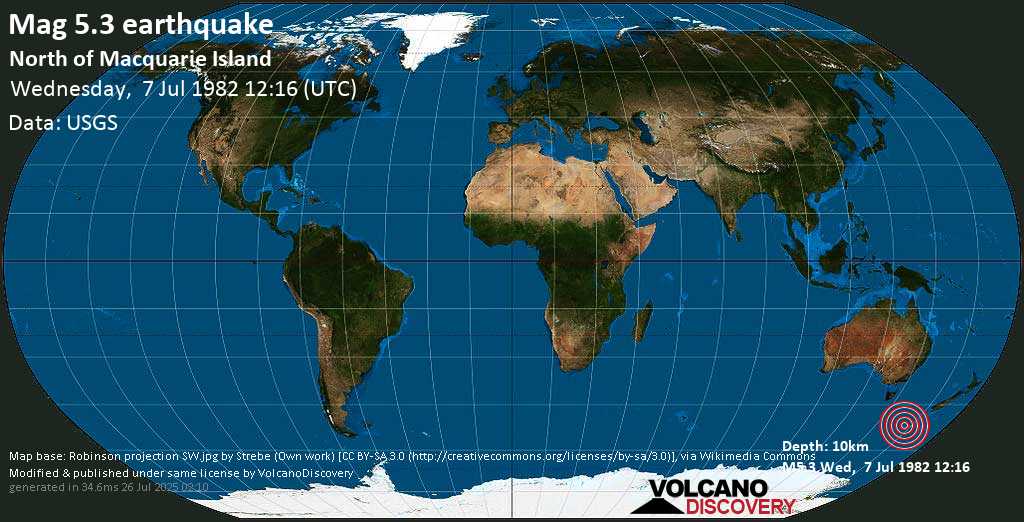 Moderate mag. 5.3 earthquake - North of Macquarie Island (Australia) on Wednesday, 7 July 1982 at 12:16 (GMT)
