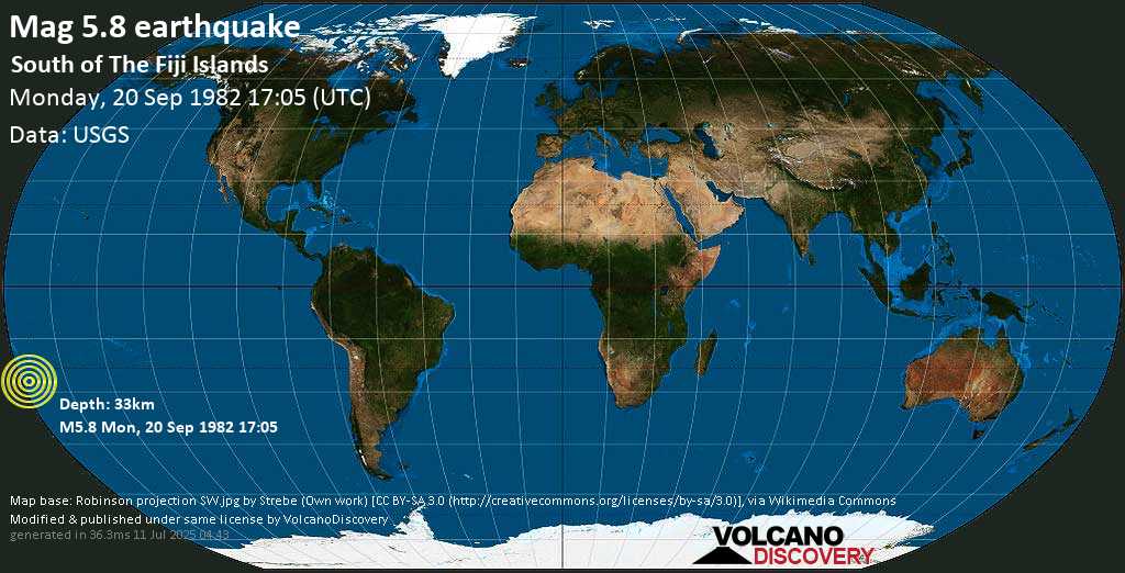 Moderado terremoto magnitud 5.8 - South of the Fiji Islands (New Zealand), lunes, 20 sep. 1982