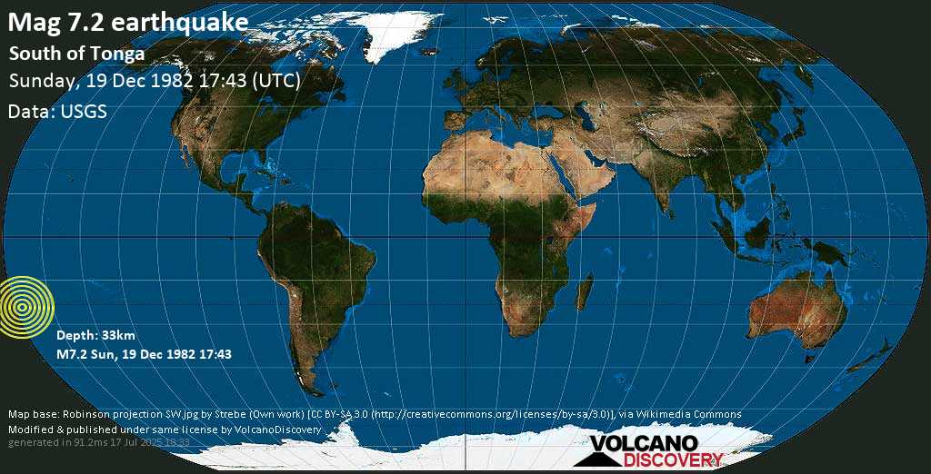 Major mag. 7.2 earthquake - South of Tonga on Sunday, 19 December 1982