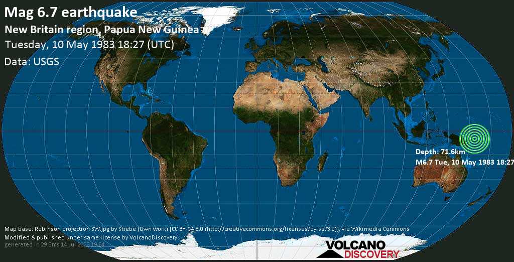 Strong mag. 6.7 earthquake - New Britain Region, Papua New Guinea, on Tuesday, 10 May 1983 at 18:27 (GMT)