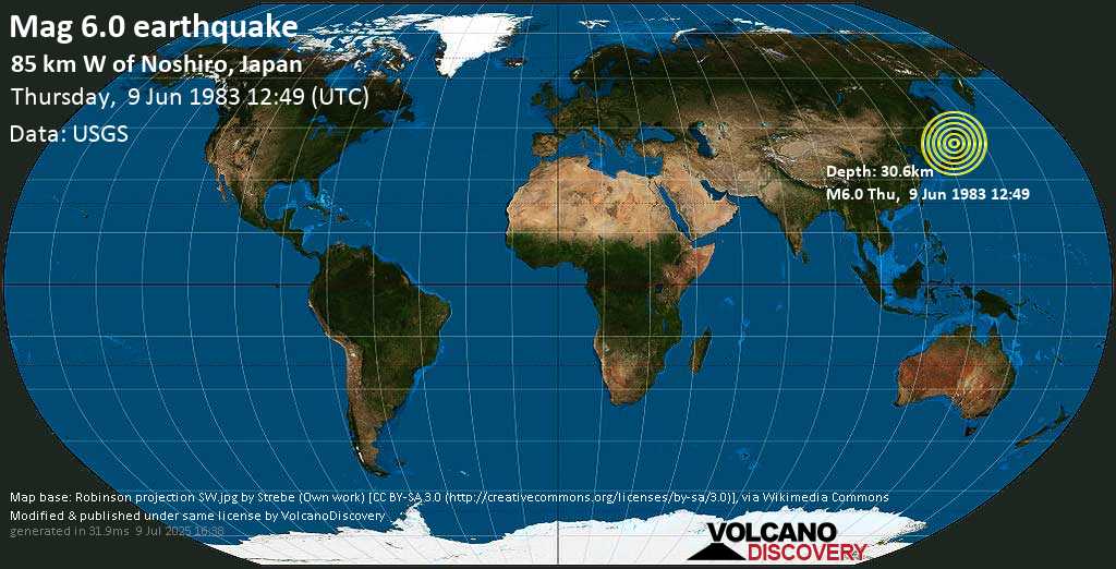 Strong mag. 6.0 earthquake - 85 km west of Noshiro, Akita, Japan, on Thursday, June 9, 1983 at 12:49 GMT