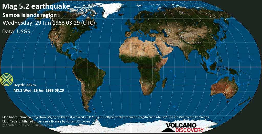 Moderate mag. 5.2 earthquake - Samoa Islands Region on Wednesday, 29 June 1983 at 03:29 (GMT)