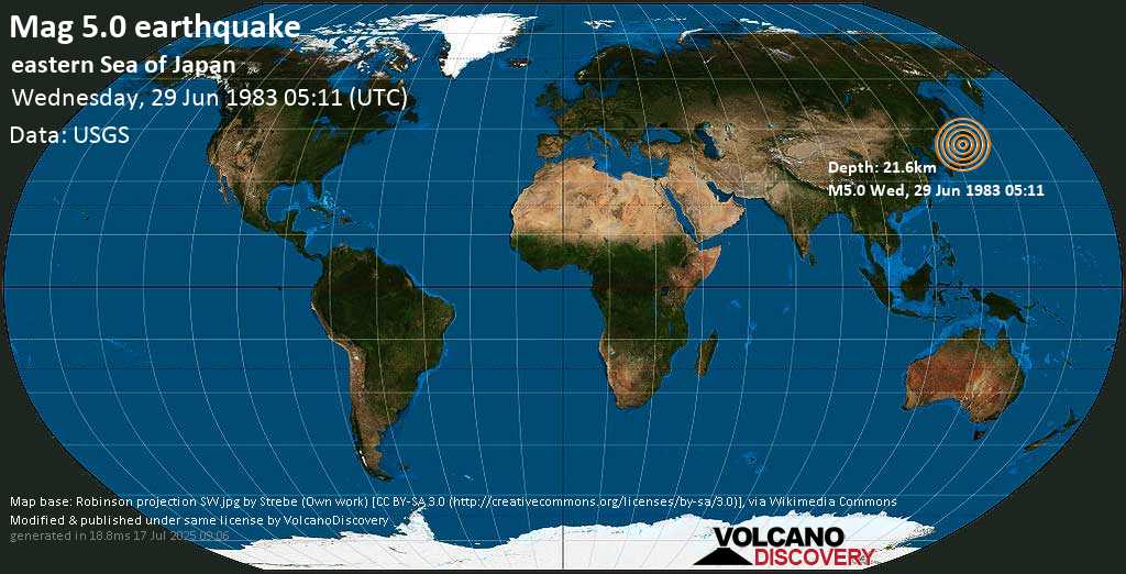 Moderate mag. 5.0 earthquake - Japan Sea, 96 km west of Noshiro, Akita, Japan, on Wednesday, 29 June 1983 at 05:11 (GMT)