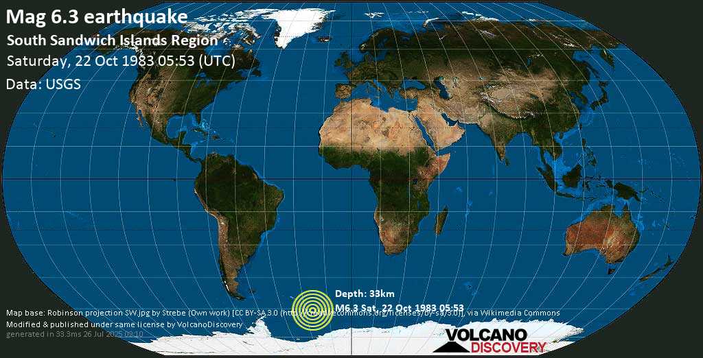 Strong mag. 6.3 earthquake - South Sandwich Islands Region on Saturday, 22 October 1983 at 05:53 (GMT)