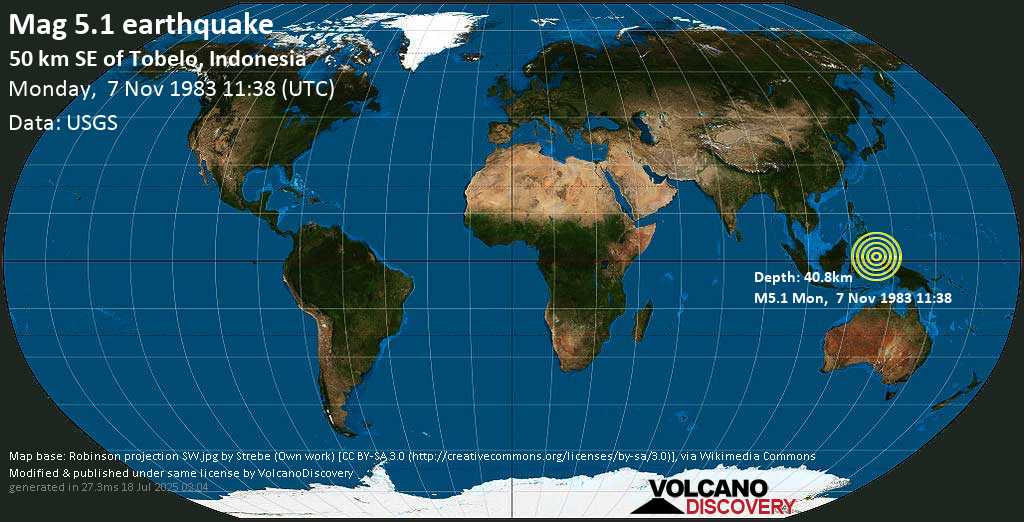 Moderate mag. 5.1 earthquake - Halmahera, Indonesia, on Monday, 7 November 1983 at 11:38 (GMT)