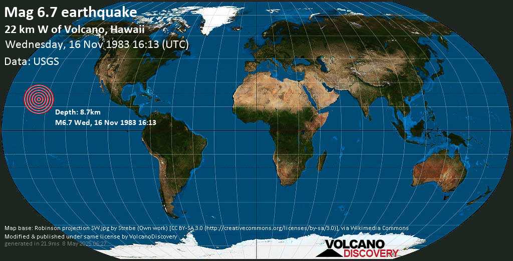 Major magnitude 6.7 earthquake - 16 mi southeast of Hawaii Island, Hawaii County, USA, on Wednesday, November 16, 1983 at 16:13 GMT