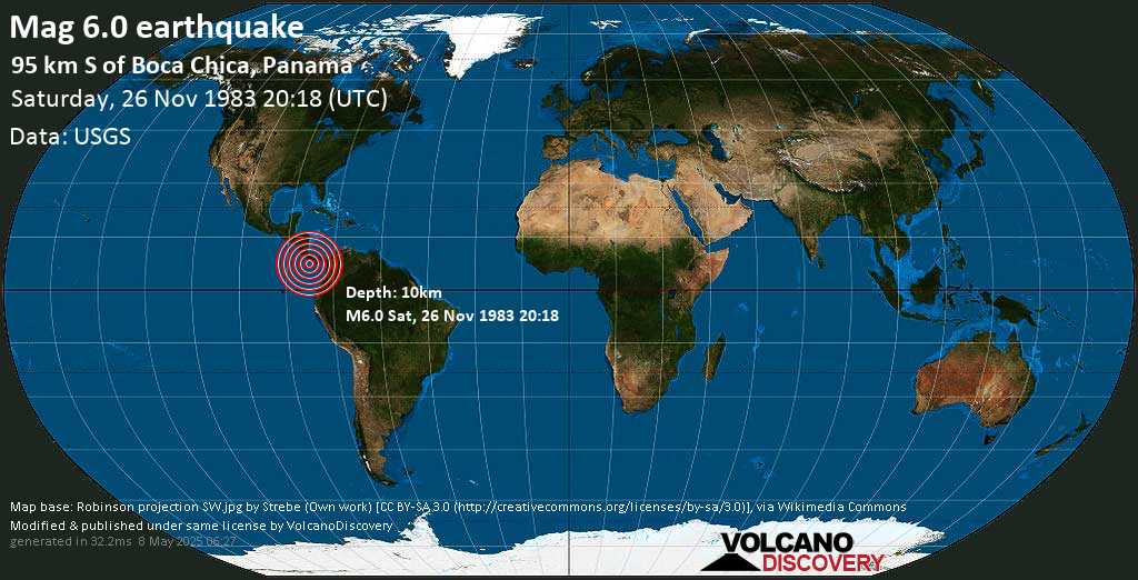 Very strong mag. 6.0 earthquake - 120 km south of David, Provincia de Chiriqui, Panama, on Saturday, November 26, 1983 at 20:18 GMT