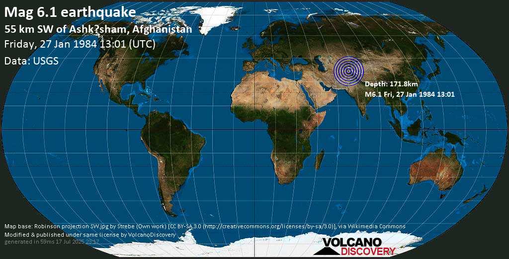 Strong mag. 6.1 earthquake - Yamgān, 90 km southeast of Faizabad, Faīẕābād, Badakhshan, Afghanistan, on Friday, January 27, 1984 at 13:01 GMT