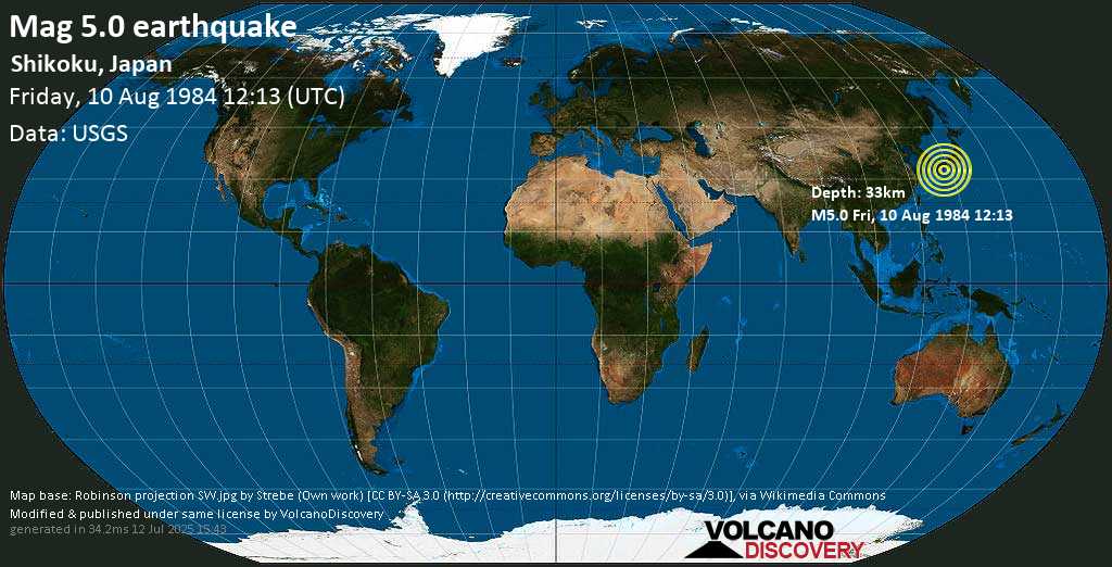 Moderate mag. 5.0 earthquake - Philippines Sea, 58 km east of Nobeoka, Miyazaki, Japan, on Friday, 10 August 1984 at 12:13 (GMT)